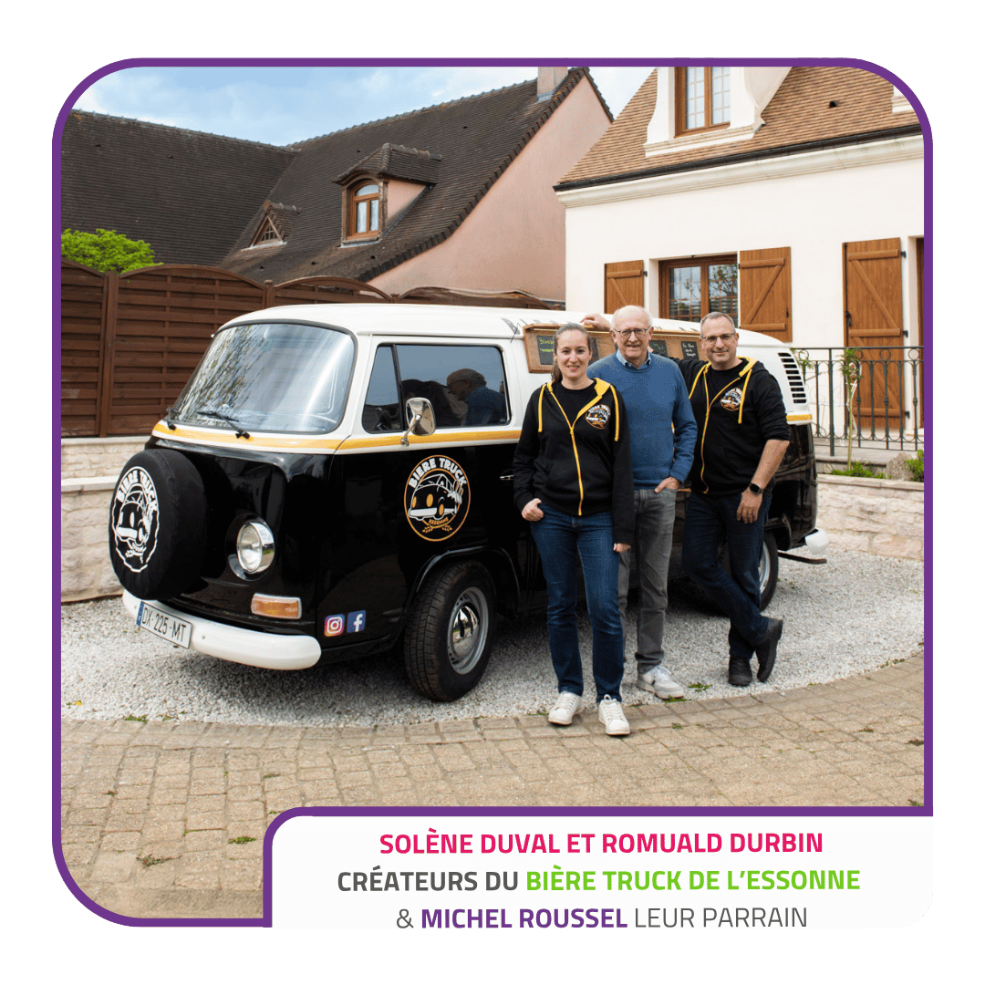 Solène duval et romuald durbin créateurs du bière truck de l’essonne & Michel roussel leur parrain parrainage benevolat